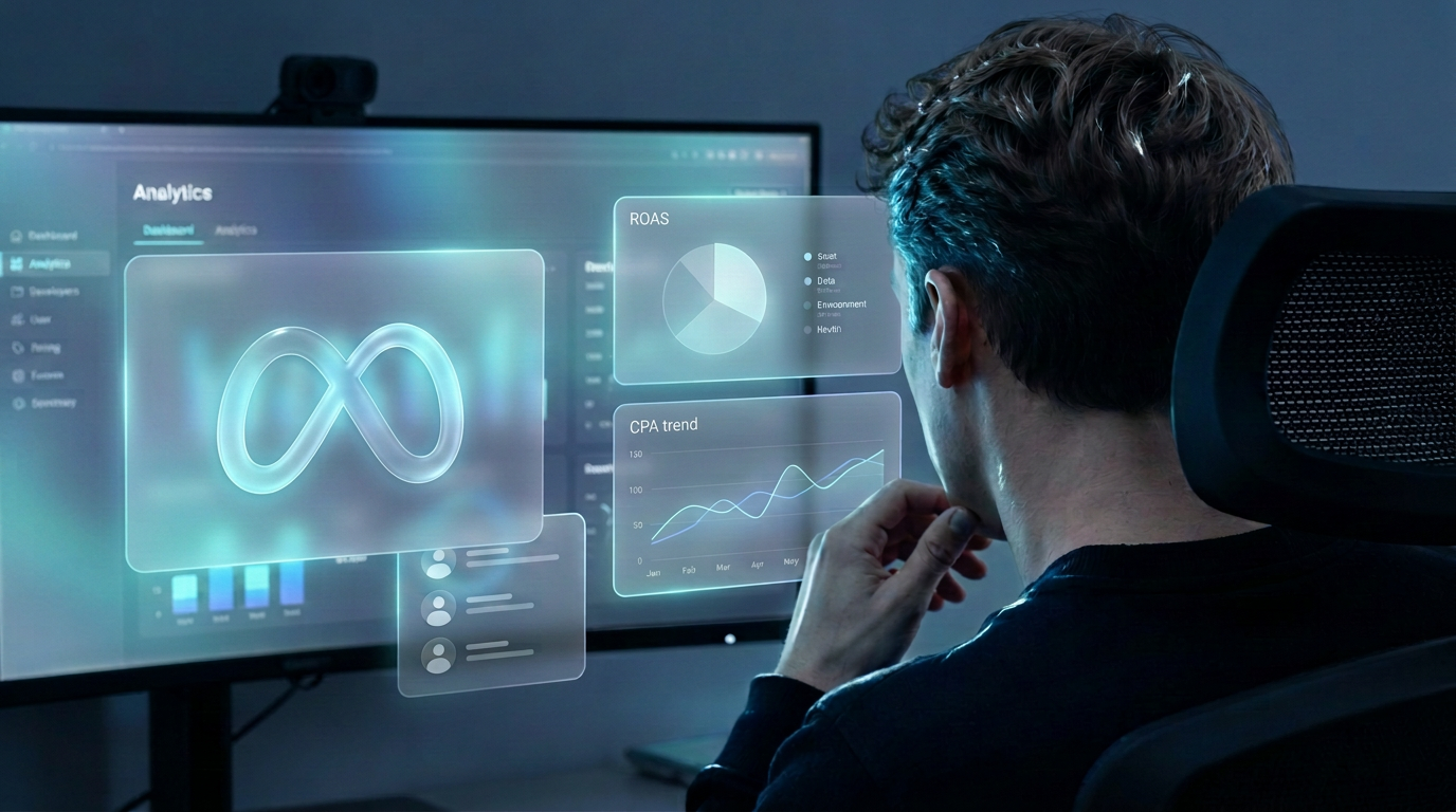 Liquid glass Meta Ads dashboard met rendement en groei-metrics
